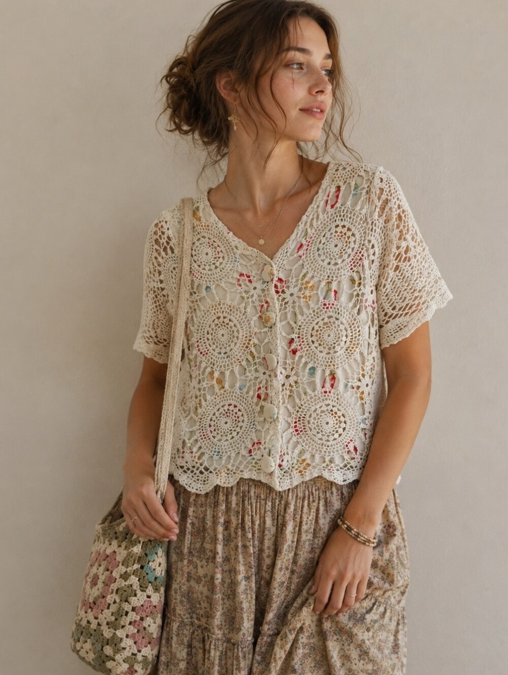 Vintage Crochet Granny Cardigan Blouse V Neck Short Sleeve Small